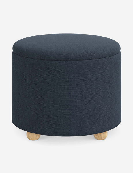#color::navy-linen #size::24-Dia | Kamila Navy Linen 24-inch round ottoman with storage space and pinewood feet
