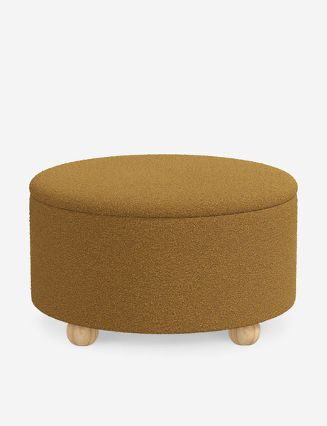 #color::ochre-boucle #size::34-Dia | Kamila Ochre Performance Basketweave 34-inch round ottoman with storage space and pinewood feet