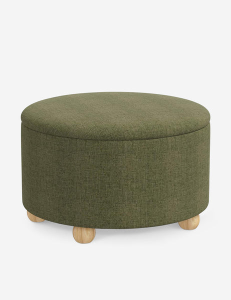 #color::sage-linen #size::34-Dia | Angled view of the Kamila Sage Green Linen 34-inch ottoman