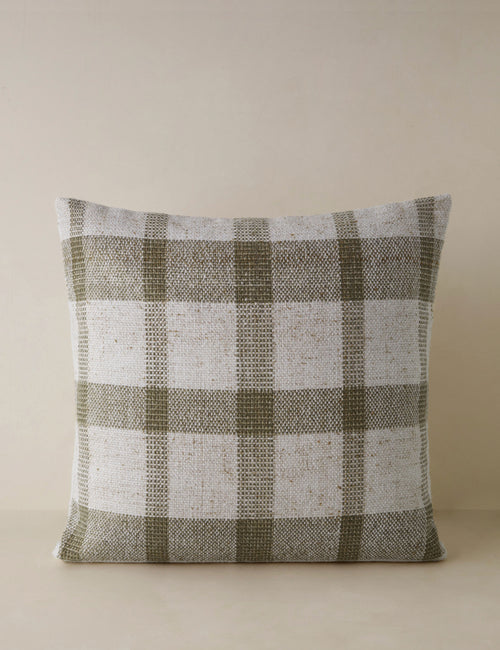 #color::moss | Atif muted plaid outdoor throw pillow in moss.