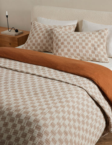 #color::umber-and-ivory #size::standard #size::king | Basketweave cotton soft-texture pillow sham and bed blanket