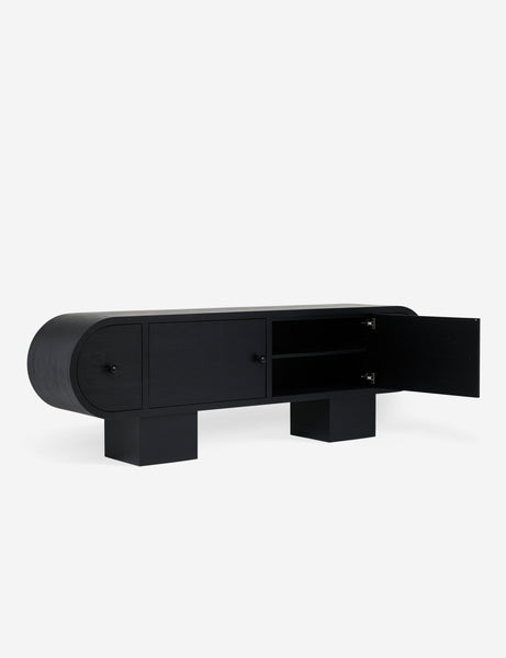 #color::black | Laughlin retro pill shaped sideboard cabinet in black with cabinet door open