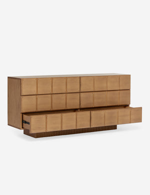 Lee blockwork design wide six drawer dresser with bottom drawers open