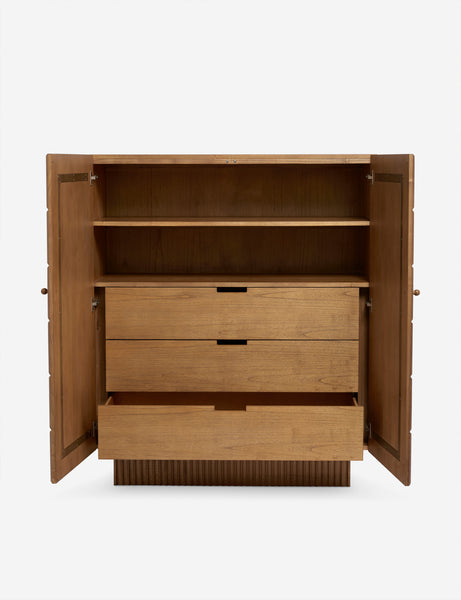 #color::russet | Lee blockwork tall dresser with cabinet doors open showing the three interior drawers