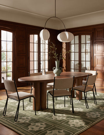 #color::taupe-basketweave | Dining room featuring the Fidia curved metal silhouette dining chair by Aimee Song