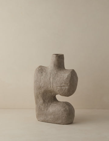 #color::natural | Angled view of the Sina gray washed handcrafted paper mache vase