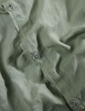 Close up view of the Essie soft, breathable hemp duvet cover in lichen green