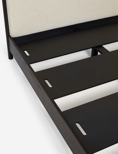 #color::black #size::king #size::queen | Close up view of Simonette canopy bed slatted base