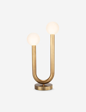 Happy gold, natural brass table lamp by Regina Andrew with a dual-metal tube silhouette with contrasting matte white bumbs