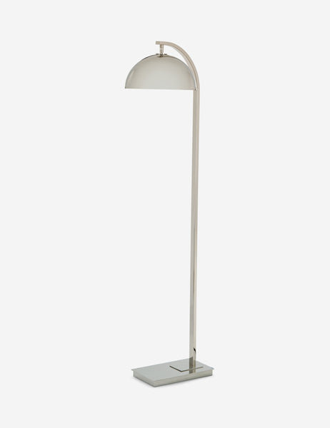 #color::polished-nickel | Angled view of the Otto polished nickel silver arched floor lamp by Regina Andrew