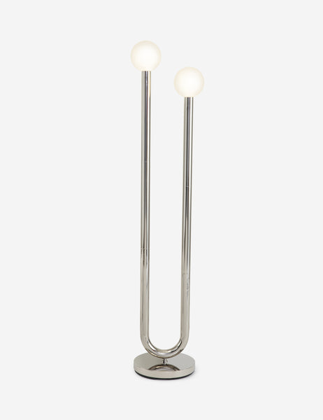 #color::polished-nickel | Happy floor silver, polished nickel lamp by Regina Andrew with a dual-metal tube silhouette with contrasting matte white bumbs