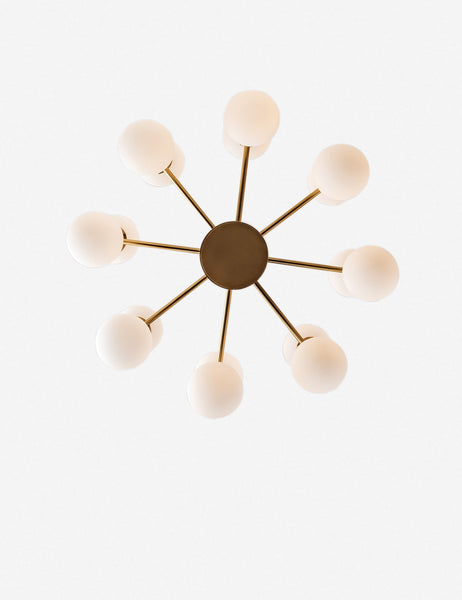 | Under view of the Abernathy gold wheel-like chandelier with dual-light fixtures