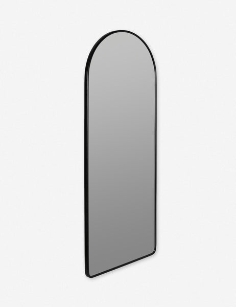 #color::black | Angled view of the Shashenka black arched floor mirror