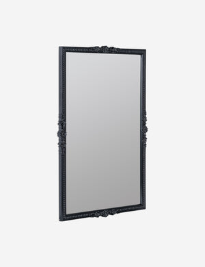 angled view of the Cantara black rectangular floral detailed framed decorative wall mirror