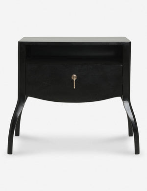 Anabella black wood nightstand with an open shelf and silver pull