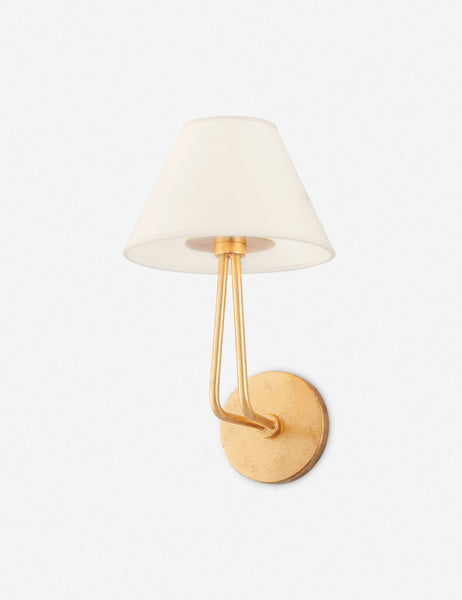 #size::1-light #color::brass | Hayden double-armed brass sconce light with a cream empire shade