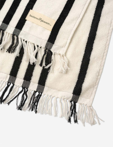 #color::black-stripe #style::black-stripe | Close-up of the fringed ends on the Black and white striped Beach Towel by Business & Pleasure Co