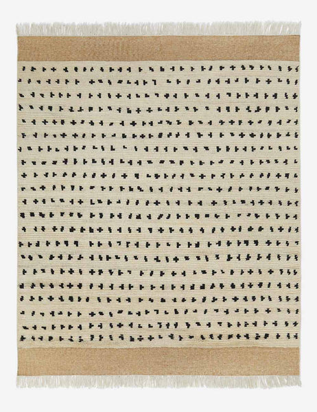 #size::2-6--x-8- #size::6--x-9- #size::8--x-10- #size::9--x-12- #size::10--x-14- #size::12--x-15- | Irregular dots ivory rug with a mixed dot motif and brown flatwoven border with fringe by Sarah Sherman Samuel