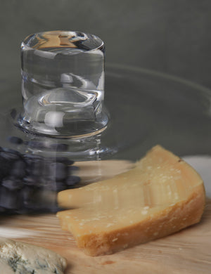 Close-up of the mouth-blown glass top of the Lotta cheese and pastries glass dome with ash wood base by LSA International