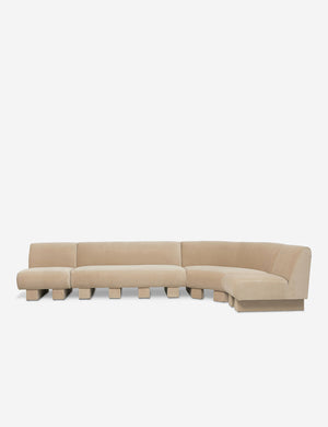 Lena right-facing beige velvet sectional sofa with upholstered beam legs.