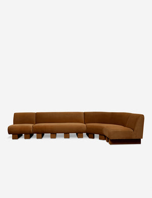 Lena right-facing cognac velvet sectional sofa with upholstered beam legs.