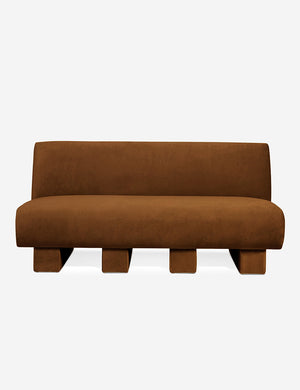 Centerpiece of the Lena cognac velvet sectional sofa with upholstered beam legs