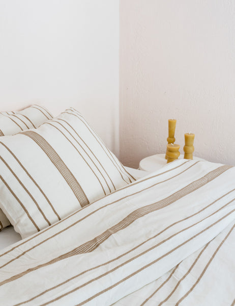 #color::beige #size::queen #size::king | Angled view of the Marlo Cotton hand loomed beige striped Duvet Set by House No. 23