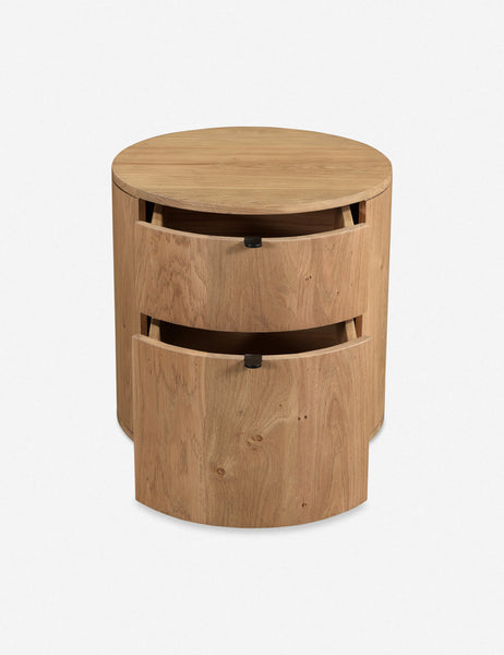 #color::natural | Kono 2-drawer round oak nightstand with both drawers slightly opened.