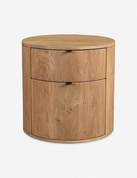 #color::natural | Kono 2-drawer round oak nightstand.
