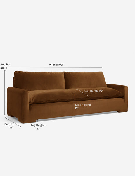 #color::Cognac-Velvet #size::102-W | Dimensions on the Rupert cognac velvet sofa