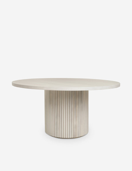 #color::white-wash | Rutherford white-washed acacia wood round dining table with pedestal base.