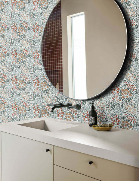#color::dark | Dark-toned Floral Field Wallpaper by Rylee + Cru is in a bathroom with white countertops and a circular white framed mirror