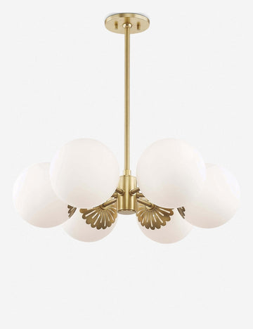 | Annetta golden chandelier with frosted globe bulbs and filigree detailing