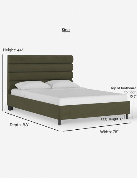#color::moss #size::king | Dimensions on the queen sized bailee moss velvet platform bed