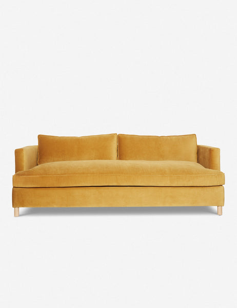 #size::72-W #size:84-W #color::goldenrod-velvet #size::96-W | Goldenrod Velvet Belmont Sofa with curved back and oversized cushions by Ginny Macdonald