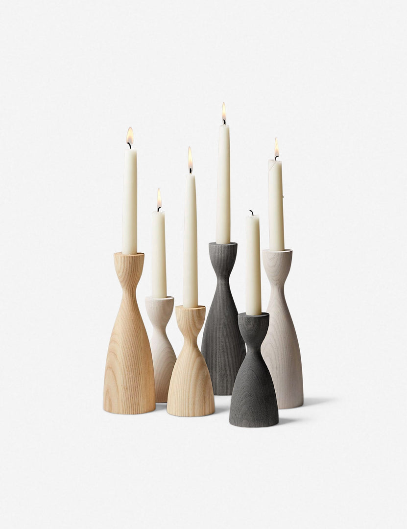 #size::small #size::medium #color::natural #color::grey #color::white | The Pantry wooden candlesticks with smooth curves by farmhouse pottery in gray, neutral, and white