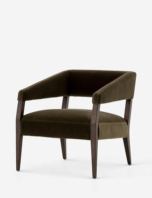 Angled view of the Lyssa olive velvet accent chair