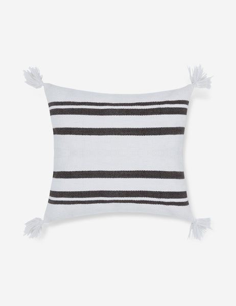 #color::black | Fez indoor and outdoor white throw pillow with weather-resistant fabric, black stripes, and fringe on all four corners
