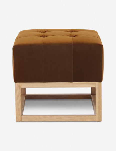 #color::cognac | Cognac Velvet Grasmere Ottoman with an upholstered cushion and airy wooden frame by Ginny Macdonald