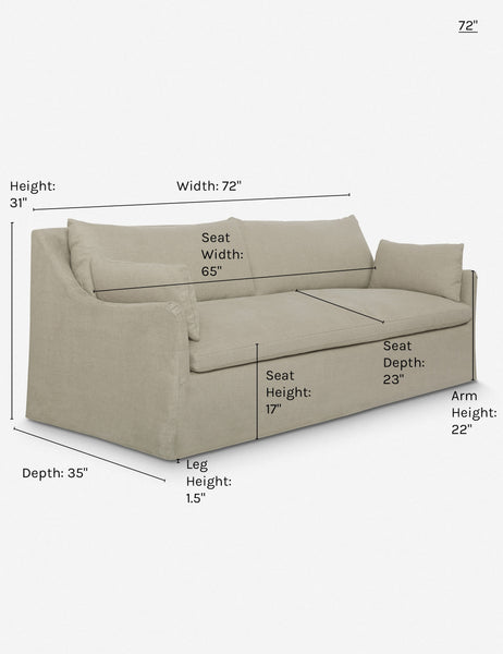 #color::flax #size::72-w | Dimensions on the 72 inch size Portola Flax linen Slipcover Sofa