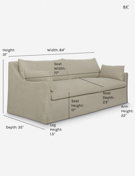#size::84-w #color::flax | Dimensions on the 84 inch size Portola Flax linen Slipcover Sofa
