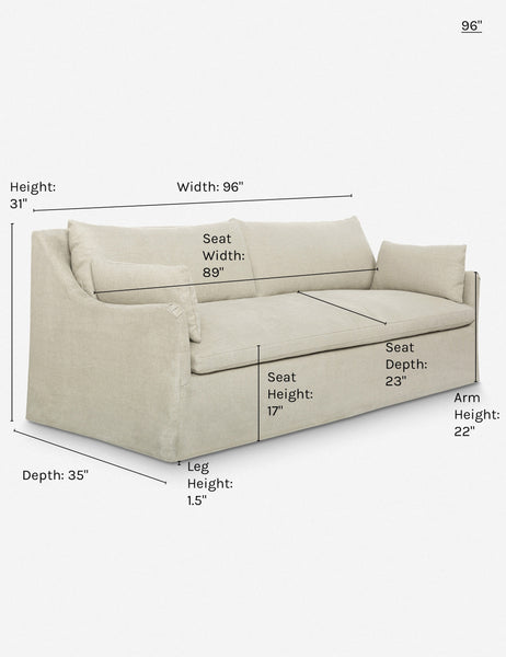 #size::96-w #color::natural | Dimensions on the 96 inch size Portola Natural linen Slipcover Sofa