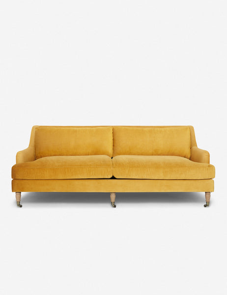#size::72-W #size:84-W #color::goldenrod-velvet #size::96-W | Rivington goldenrod velvet sofa with low, sloping arms by Ginny Macdonald