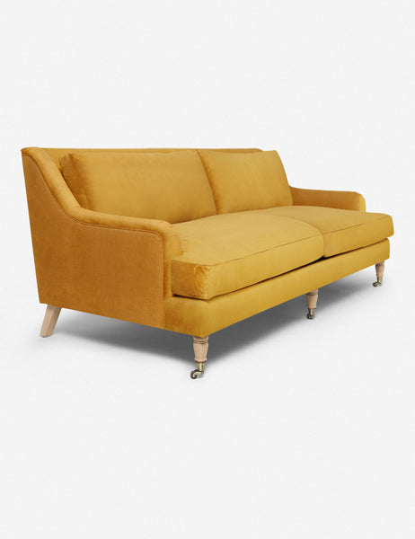 #size::72-W #size:84-W #color::goldenrod-velvet #size::96-W | Angled view of the Rivington goldenrod velvet sofa