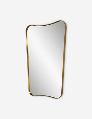 Angled view of the Belvoir thin brass framed wall mirror