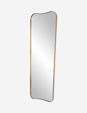 Angled view of the Belvoir metal framed full length mirror in gold