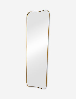 Angled view of the Belvoir metal framed full length mirror in gold