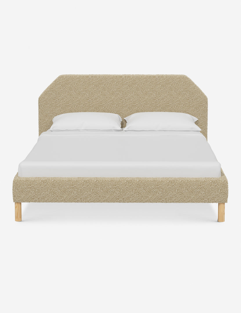 #color::buff-boucle #size::full #size::queen #size::king #size::cal-king | Kipp Buff Boucle upholstered platform bed with a geometric headboard and pinewood legs