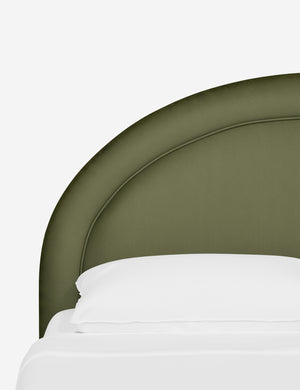 Close-up of the welted headboard on the Odele Pine Green Velvet bed