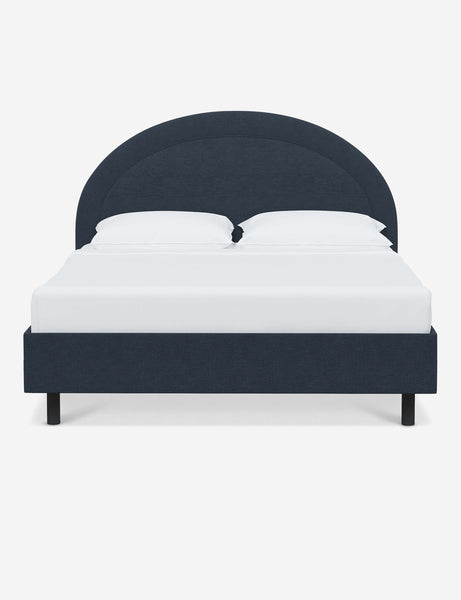 #color::navy-linen #size::full #size::queen #size::king #size::cal-king | Odele Navy Linen upholstered bed with an arched headboard that has a welted border